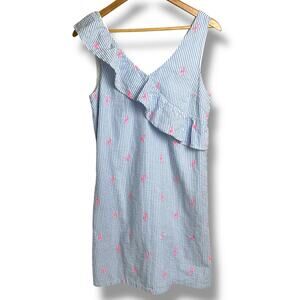 Crown & Ivy Seersucker Ruffle Dress Small Blue Pink Flamingo Cotton Shift